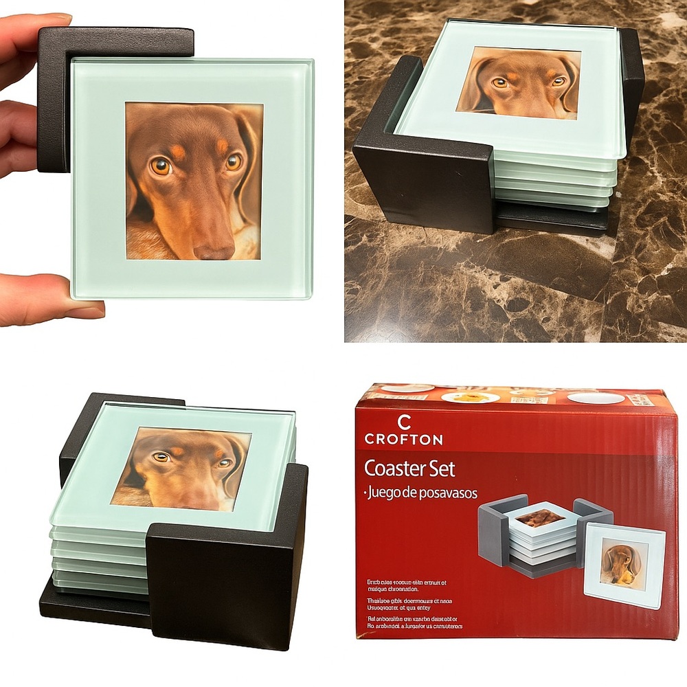 ✨ NEW in Box Crofton Glass Photo Coaster Set – 5-Piece Gift Set ✨